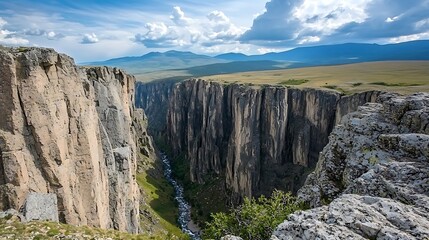 Deep Canyon with River Flowing Through Rugged Cliffs and Green Plains