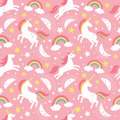 Unicorn pattern. Vector seamless pattern with white unicorns, rainbow and stars. Isolated on a pink background.