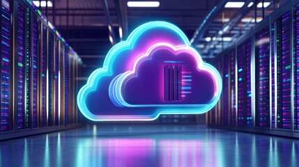 Futuristic cloud computing data center with neon glowing cloud icon and advanced servers in a high-tech digital environment emphasizing cloud technology and data storage