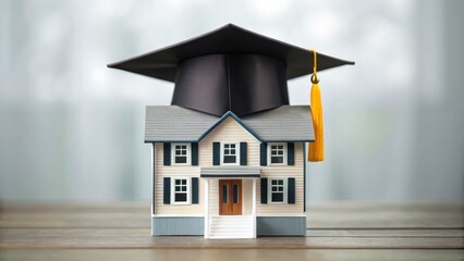 A small house model with a graduation cap on top, symbolizing education and homeownership.