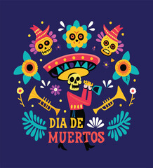 Dia de los Muertos concept. Vector flat cartoon illustration with sugar festive skull in sombrero, surrounded by flowers, birds and trumpets, isolated on dark blue background.