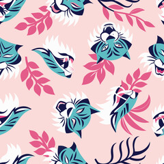 Blue Tigers pattern. Vector seamless pattern with a cartoon roaring tiger faces and leaves on a pink background