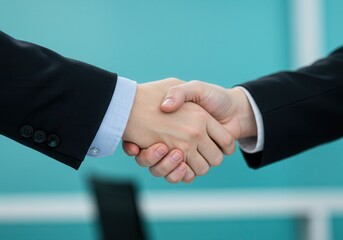 Two people in suits are shaking hands in a business setting showing an agreement