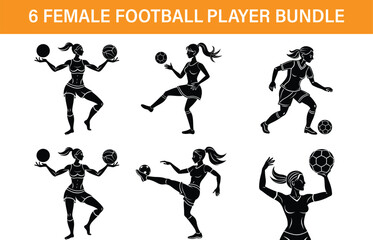 Six Silhouettes of Female Football Players Action Poses Bundle