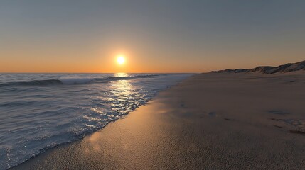 Obraz premium Walking on Sandy Beach During Sunset with Gentle Waves Rolling in