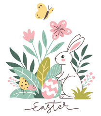 Happy Easter greeting card. Vector illustration of cute cartoon pink and blue bunnies with Easter eggs sitting among the plants. Isolated on white