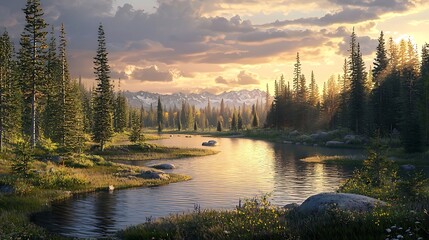 River Flows Through Forest at Sunset with Mountain Backdrop Landscape