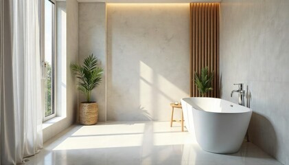 Fototapeta premium Modern minimalist bathroom, freestanding tub, chrome fixtures, decor, detail