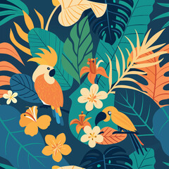 Fototapeta premium Tropical pattern. Vector seamless abstract pattern in trendy hand-drawn style with cockatoo and toucan among palm leaves and flowers