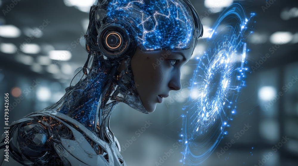 Poster artificial intelligence in image of cyborg girl with electronic brain. neural network trained using 