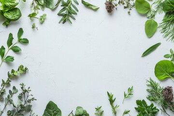 Naklejka premium Fresh Green Herbs Frame White Background Natural Design Botanical Ingredients Cooking Recipe Food 