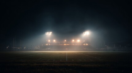 A football field under glowing stadium lights, a dramatic night view from the ground. The intensity of sport under the night sky.
