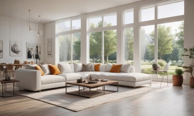 Fototapeta premium Open concept living area, white walls, plush seating, large windows, ceiling, open plan