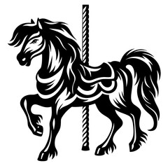 Monochrome image depicts a stylized carousel horse in an elegant and modern style