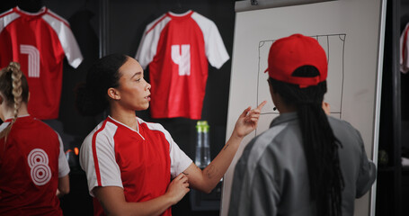 Woman, coach and writing on board for sports planning, game plan and strategy of football formation. Player, mentor and drawing sketch for soccer preparation, match information and direction of field