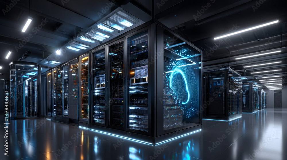 Poster data center or server room with servers of information cloud storage. dark datacenter with light of 