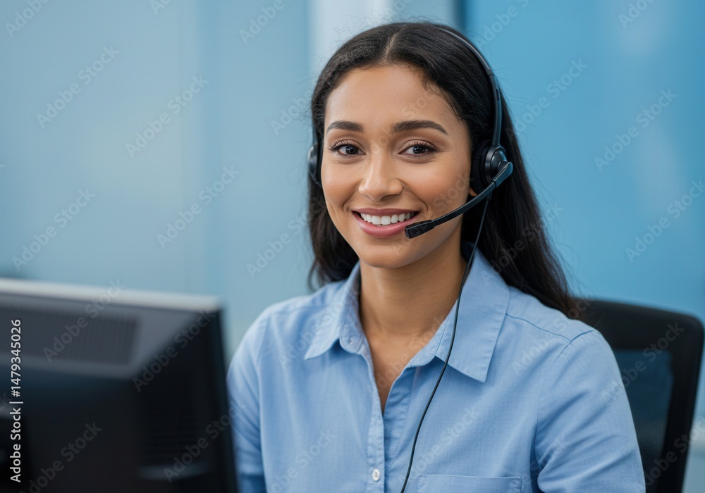 Poster smiling woman with headset working at computer as a customer service representative