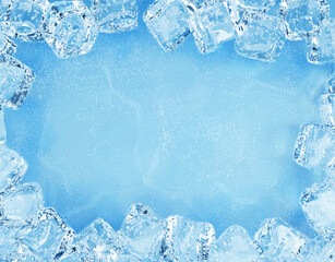 Icy surface blue background. 3d realistic ice cubes boarder frame on on scattered light blue iced surface. Abstract winter frozen water illustration