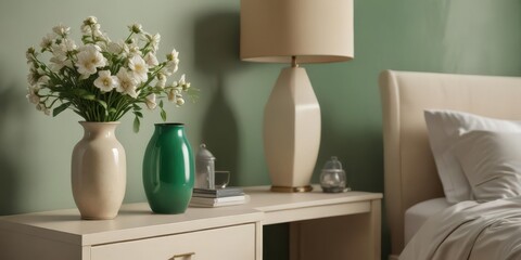 Elegant emerald green bedroom, beige nightstand, stylish vase with flowers , floral, calm