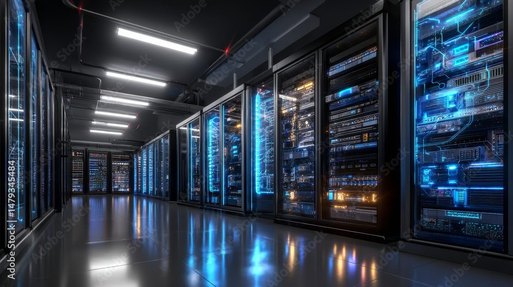 Poster data center or server room with servers of information cloud storage. dark datacenter with light of 