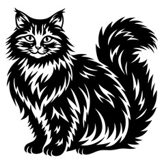 Majestic Longhaired Cat Black and White Illustration Fluffy Fur Sitting Pose Graphic Design Element