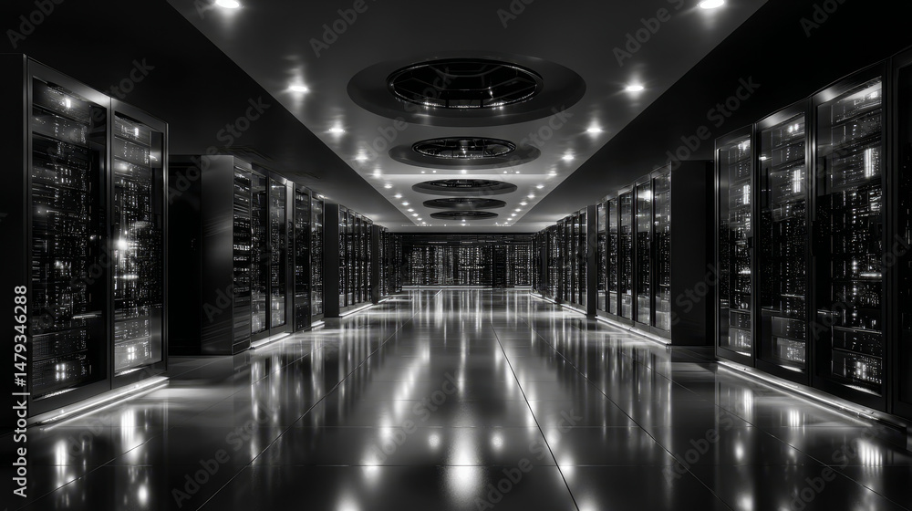 Poster data center. abstract digital warehouse. server room of clouds computing technology. server farm com