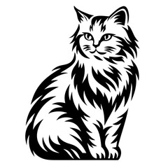 Majestic Longhaired Cat Sitting Elegant Black and White Stylized Illustration