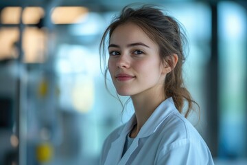 Fototapeta premium A young woman with light brown hair, wearing a white lab coat, looks directly at the camera with a calm expression.