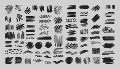 Grunge Hand Drawn pencil and marker Strokes on isolated background, Hand Drawn Vector Illustration Set, Rough Monochrome vintage Graphic Elements, quick rough sketches and Scribbles