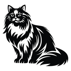 Majestic Longhaired Cat Sitting Black and White Stylized Illustration Pet Animal Graphic Design