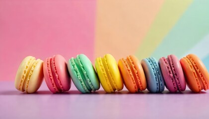 Vibrant rainbow-colored macarons on a bright background , joyful, bright macarons, rainbow