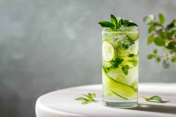 Refreshing cucumber mint drink served in a tall glass on a marble table with green background