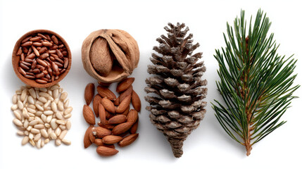 3d realistic vector icon. Pine nuts with or without shell and fir tree and pine cone. Isolated on white background.