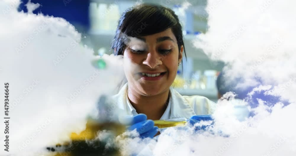 Poster scientist examining test tube in lab, with cloud overlay showing floating data icons