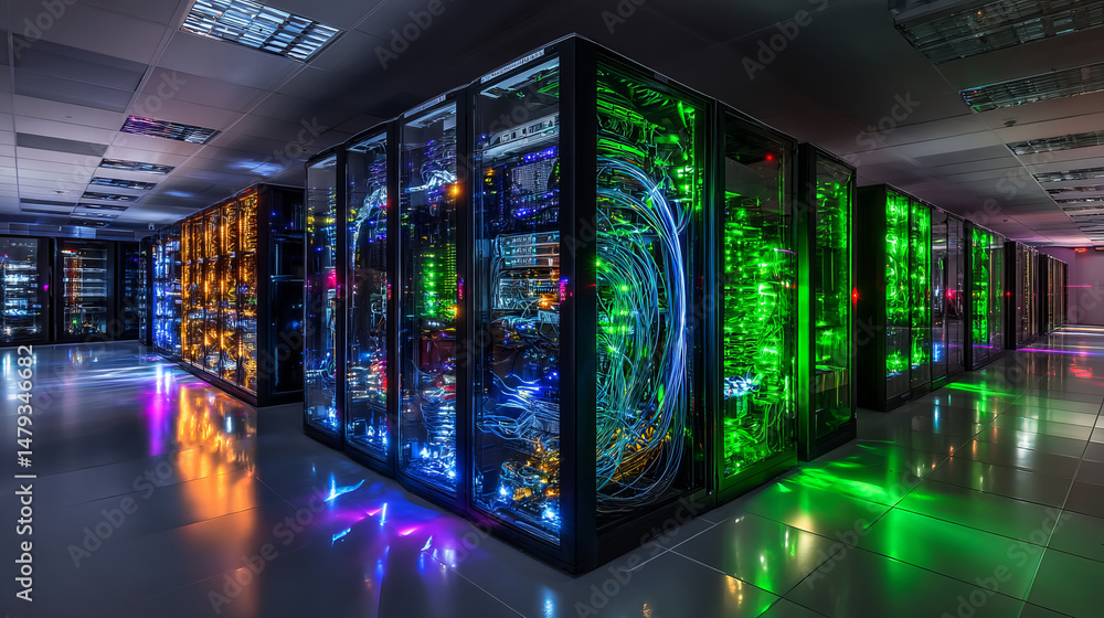 Poster data center. abstract digital warehouse. server room of clouds computing technology. server farm com