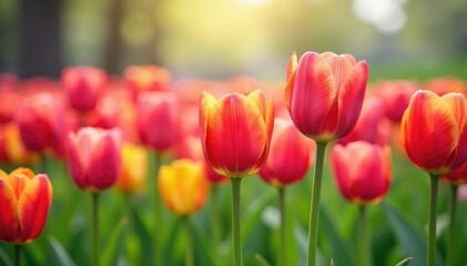 Obraz premium Vibrant tulips in full bloom, showcasing a cheerful spring palette , blossom, colorful, tulips