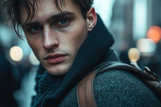 A young man with dark hair and eyes, wearing a dark teal sweater and brown leather backpack, stands in a blurry city background.