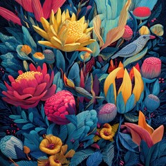 Vibrant floral and bird illustration