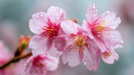 Obraz premium Pink cherry blossoms with water droplets bloom