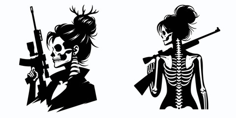 Female Skeleton with Messy Bun Hunter. Clipart silhouette vector illustration. Bone maiden untidy topknot pursuing prey a macabre huntress image.