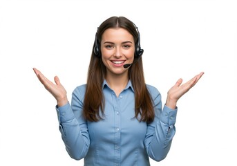 Smiling woman with headset is ready to assist customers with support and communication