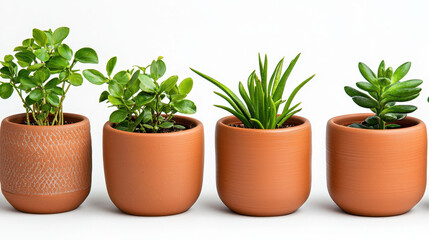 Obraz premium Collection of potted plants in terracotta pots, showcasing various green foliage and textures, creating fresh and vibrant atmosphere