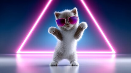 Hilarious Cat Disco Party: Feline in Sunglasses Boogies in Neon Triangle Scene with Dramatic Lighting for Comedy Marketing Concept