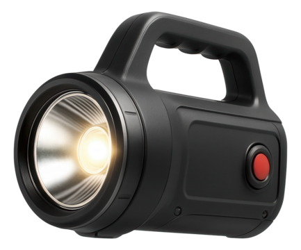 Black handheld flashlight with a red button and shining light on transparent background.