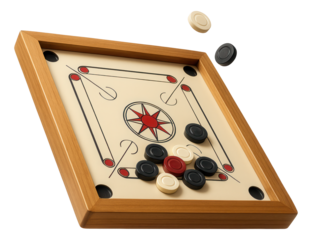 Carrom board with black, white, and red carrom men and a striker, framed in a wooden border, on transparent background.