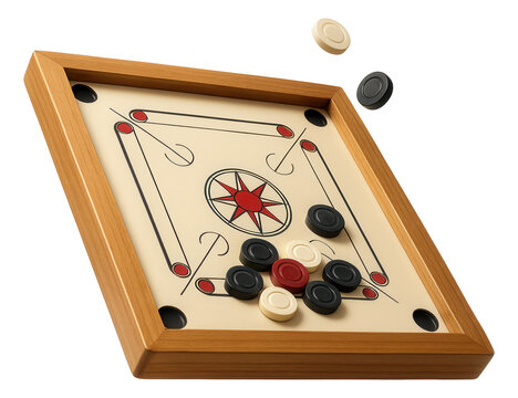 Carrom board with black, white, and red carrom men and a striker, framed in a wooden border, on transparent background.