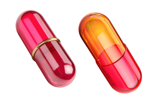Two Red And Orange Glossy Capsules On Transparent Background