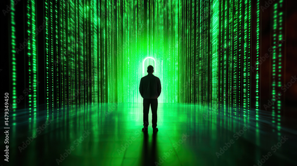 Poster hacker in dark environment surrounded by green digital code, symbolizing cybersecurity and technolog