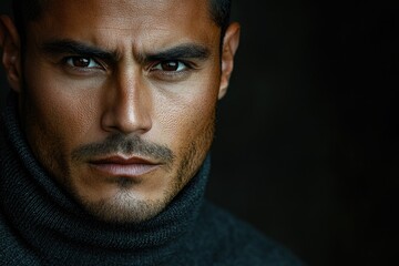 Fototapeta premium Close-up portrait of a serious, brooding man with intense eyes and stubble, wearing a turtleneck.