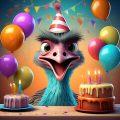 Ostrch happy birthday cake cartoon 